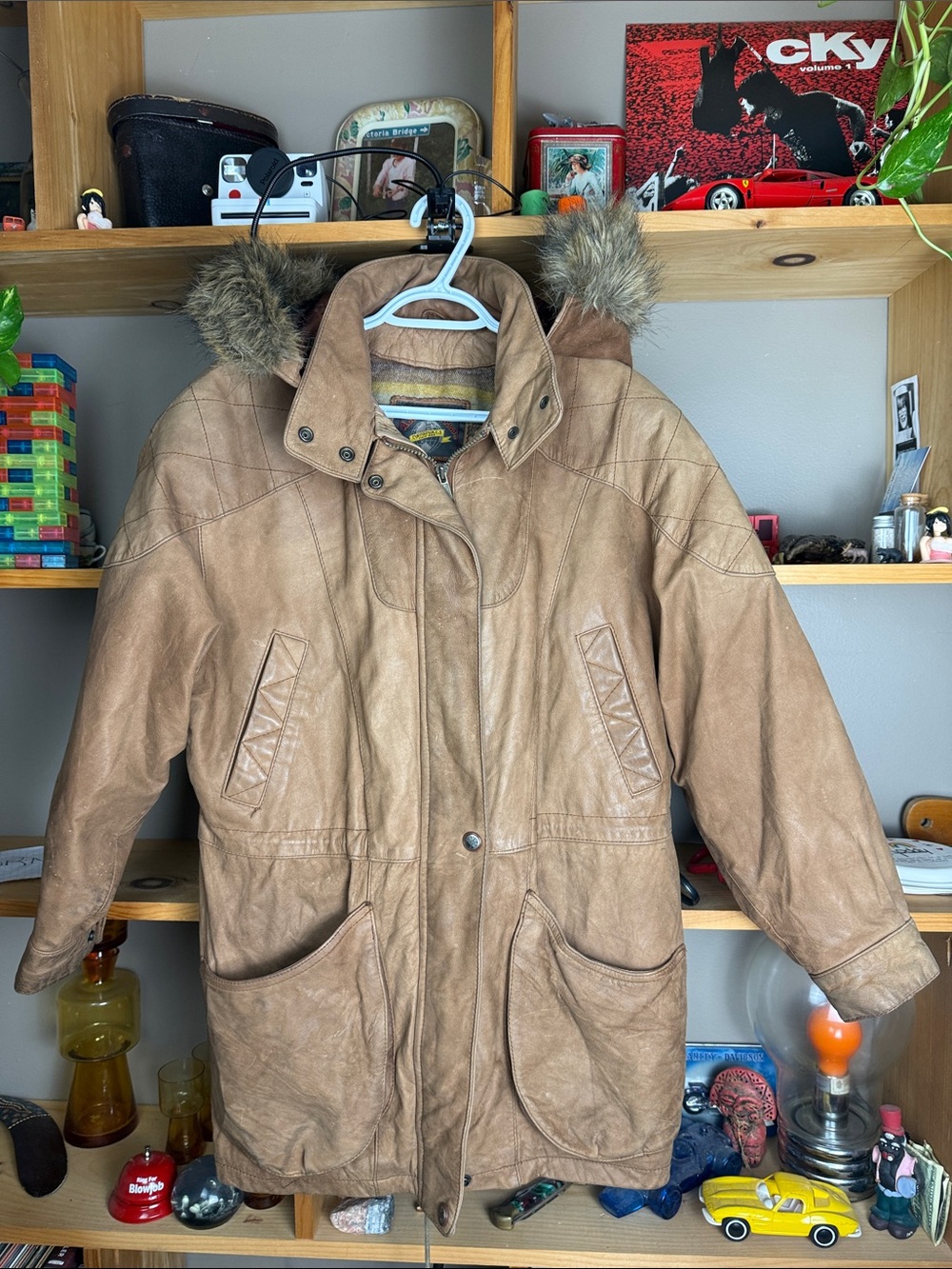Vintage Leather Jacket Fur Hood